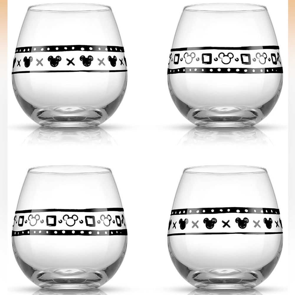 Disney Mickey Mouse Patterned Stemless JoyJolt Glass Set - Black and White